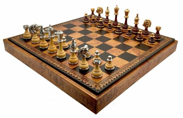 Jeu d'Échecs Flowered - Échiquier - Backgammon et Jeu de dames en similicuir avec rangement & Pièces en bois et métal