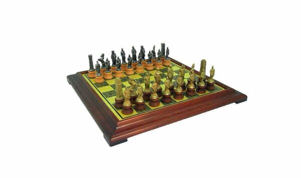 Ensemble "Romains vs Barbares M&B" Echiquier sur Pied en Bois Massif Effet Laiton & Jeu d'Echecs en Métal et Bois Massif