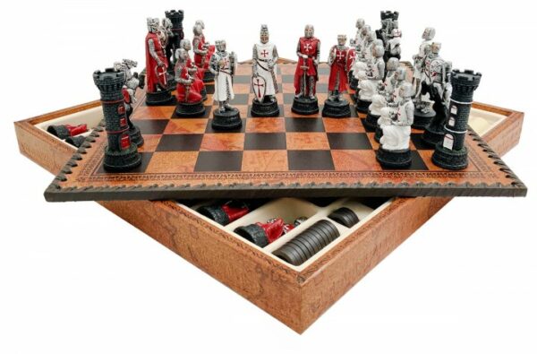 Jeu d'Échecs Croisades - Échiquier - Backgammon et Jeu de dames en similicuir avec rangement & Pièces en résine