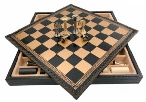 Jeu d'Échecs Contemporain - Échiquier et Backgammon à rangement en similicuir  & Pièces en métal