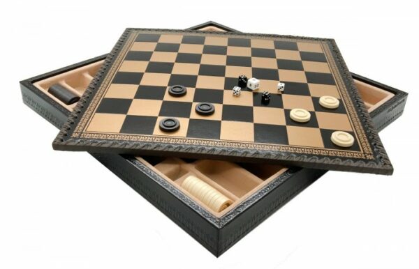 Jeu d'Échecs Contemporain - Échiquier et Backgammon à rangement en similicuir  & Pièces en métal
