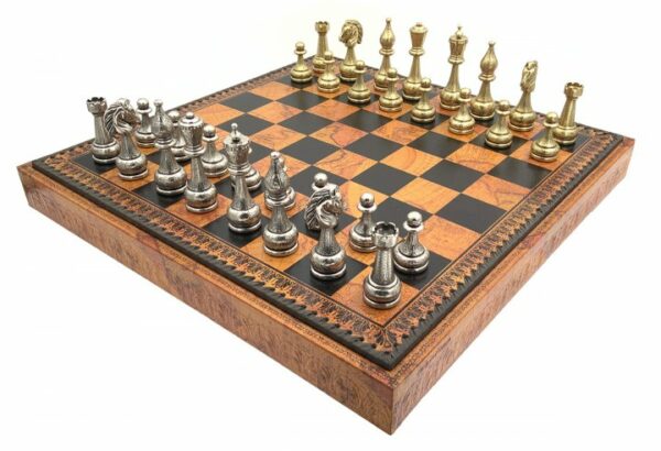 Jeu d'Échecs Flowered - Échiquier - Backgammon et Jeu de dames en similicuir avec rangement & Pièces d'échecs en métal