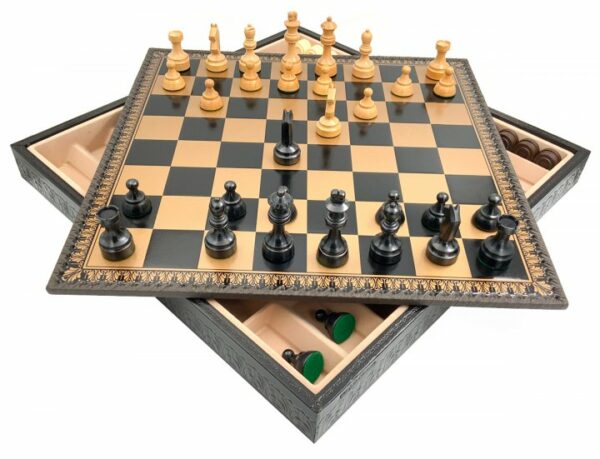 Jeu d'Échecs Classique - Échiquier - Backgammon et Jeu de dames en similicuir avec rangement & Pièces en bois