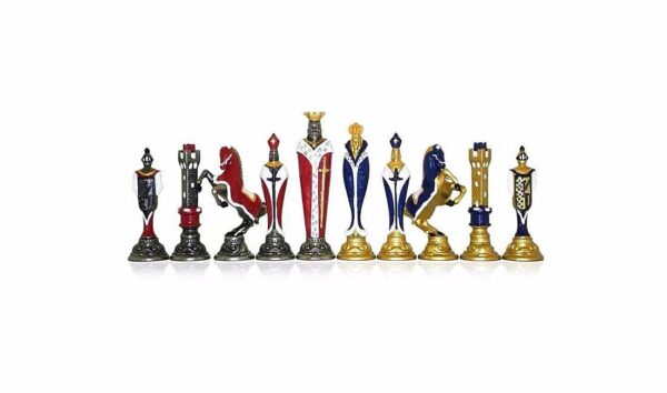 Ensemble "Renaissance Haut de Gamme" Echiquier en Bois d'Erable Laqué Bleu & Jeu d'Echecs en Métal Peint à la Main