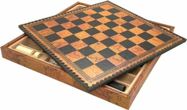 Jeu d'Échecs Romains vs Barbares - Échiquier - Backgammon et Jeu de dames en similicuir avec rangement & Pièces en métal