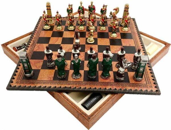 Jeu d'Échecs Romains vs Barbares - Échiquier - Backgammon et Jeu de dames en similicuir avec rangement & Pièces en métal