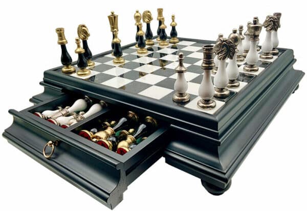 Jeu d'Échecs Arabesque - Échiquier Bois et Albâtre série noire avec tiroir & Pièces en métal et bois laqué