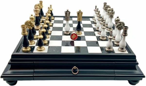 Jeu d'Échecs Arabesque - Échiquier Bois et Albâtre série noire avec tiroir & Pièces en métal et bois laqué
