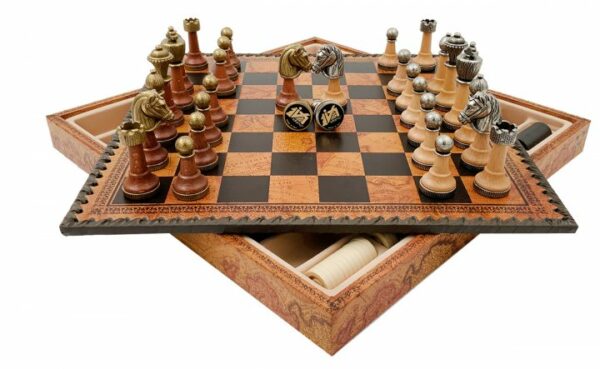 Jeu d'Échecs Classique - Échiquier - Backgammon et Jeu de dames en similicuir avec rangement & Pièces en métal et bois