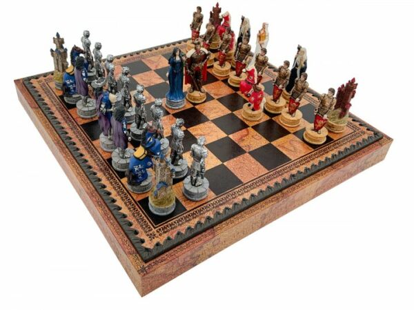 Jeu d'Échecs Roi Arthur - Échiquier - Backgammon et Jeu de dames en similicuir avec rangement & Pièces en résine