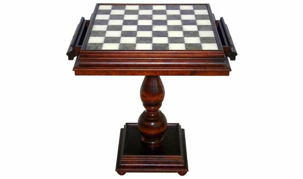 Table "Luxe" Echiquier et Tiroir de Rangement en Bois d'Hêtre et Plateau de Jeu en Marbre de Carrare et Albâtre de Toscane