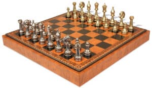 Jeu d'Échecs Flowered - Échiquier - Backgammon et Jeu de dames en similicuir & Pièces d'échecs en métal