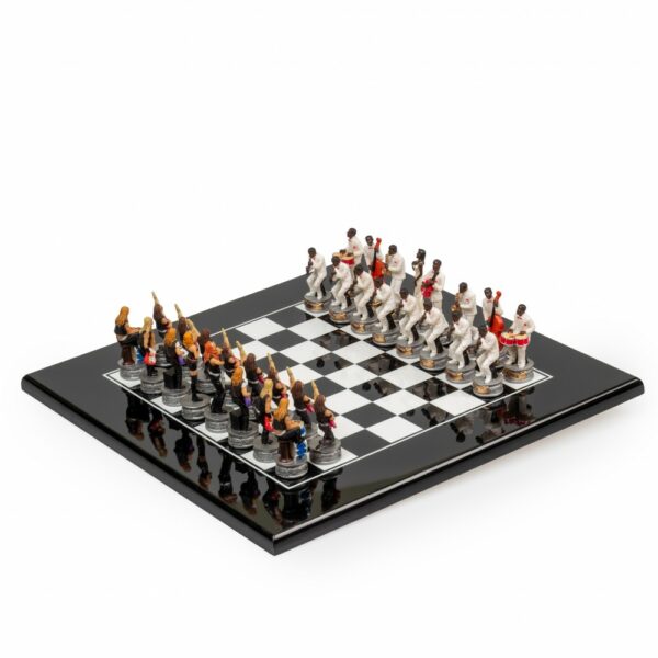 Jeu d'Échecs Jazz vs Rock - Échiquier en bois laqué noir & Pièces en résine